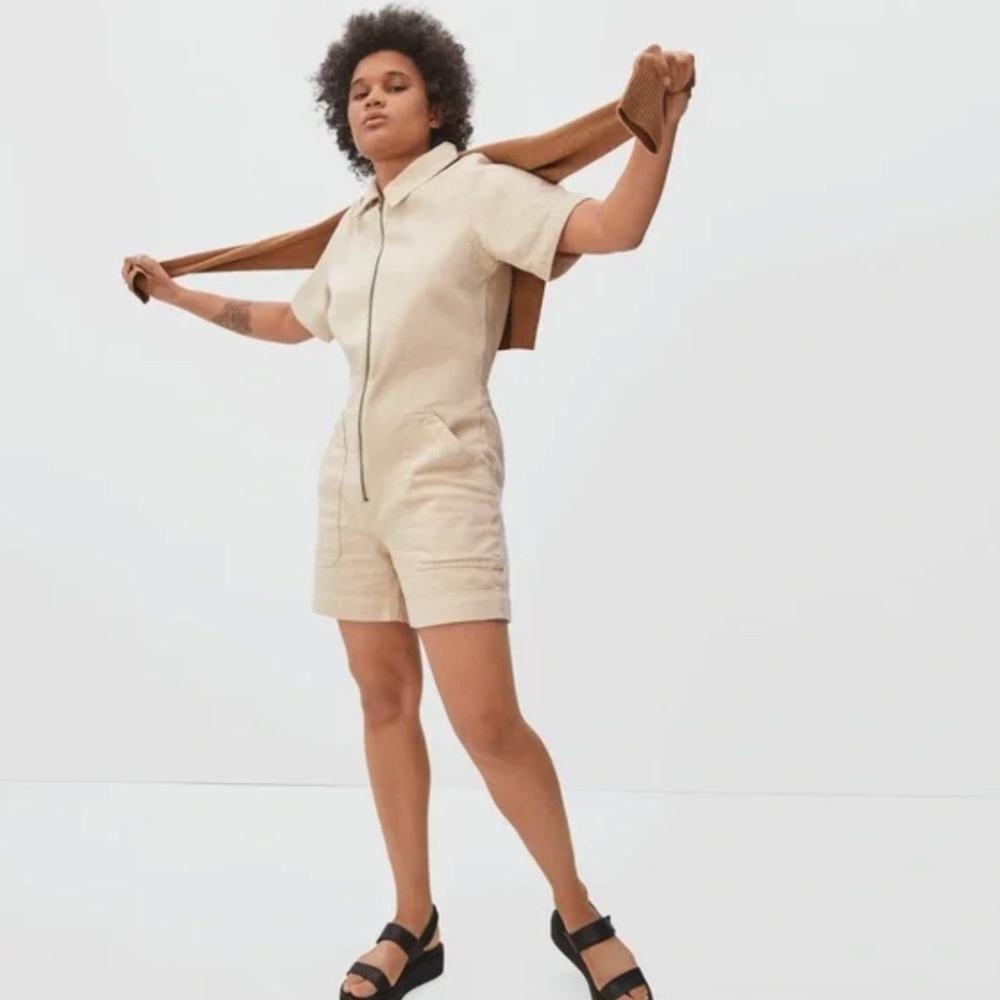 Everlane Denim Khaki Short Coverall Romper Full Zip